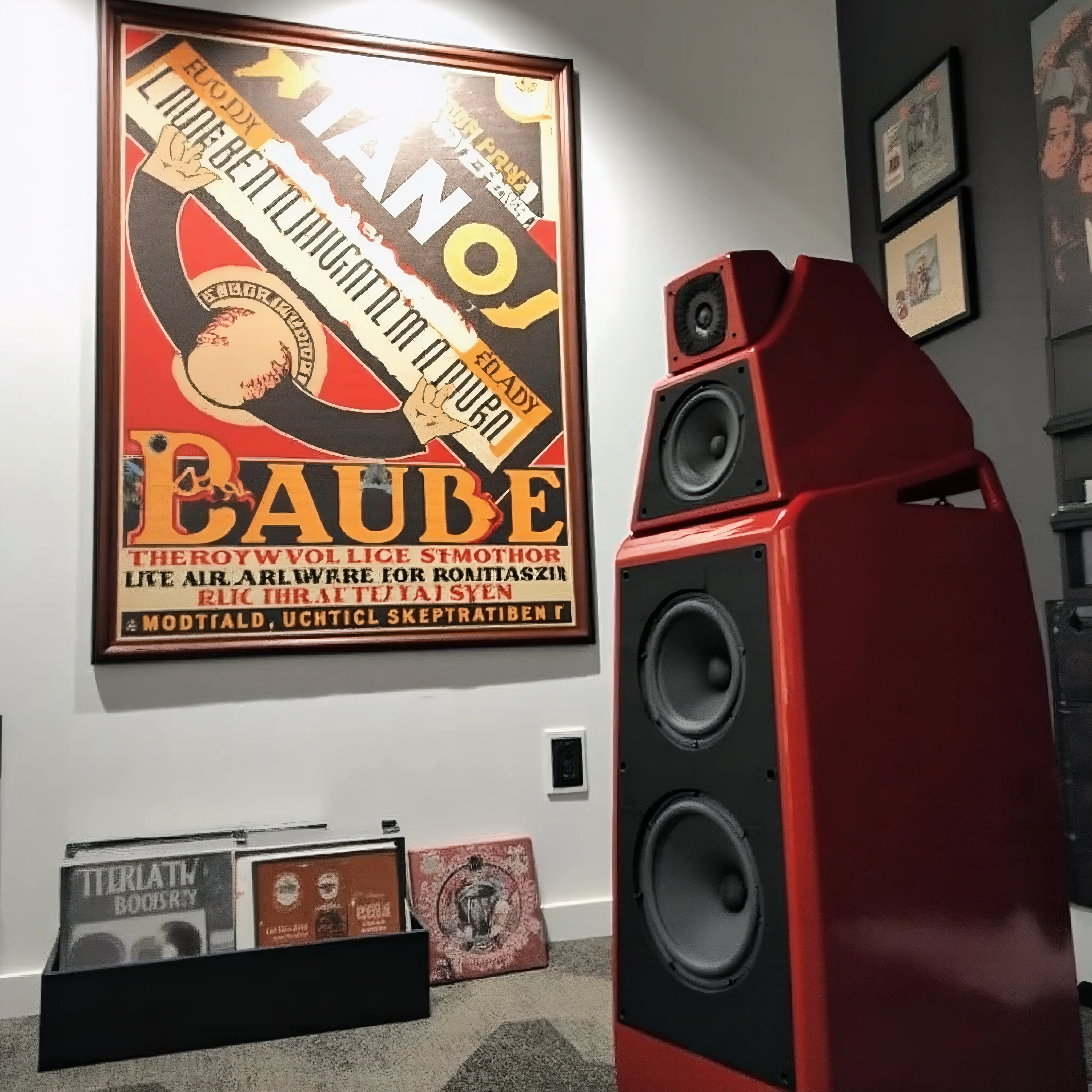 HiFi listening room with red floor-standing speakers
